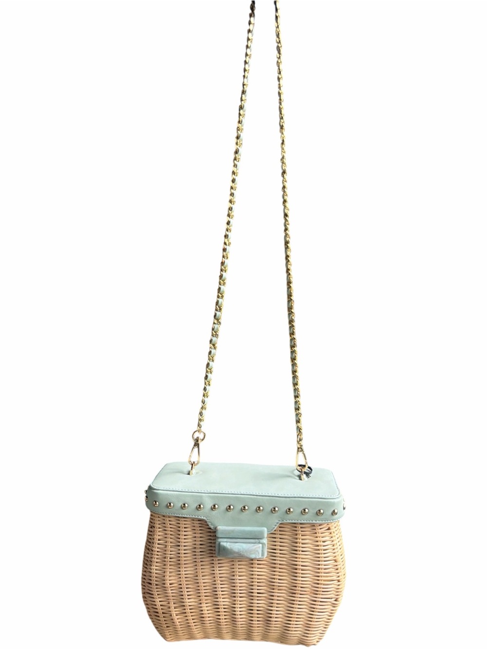 NWT BTB Los Angeles Mason Mint Green Studded Wicker Crossbody Bag (9"x8"x5")